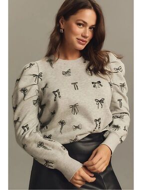 Anthropologie Sz Lg Bow Puff-Sleeve Embroidered Sweatshirt Size Large